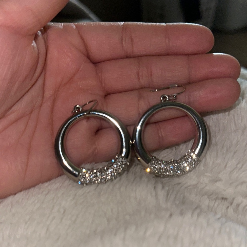 BCBGeneration Silver Crystal Embellished Hoop Earrings